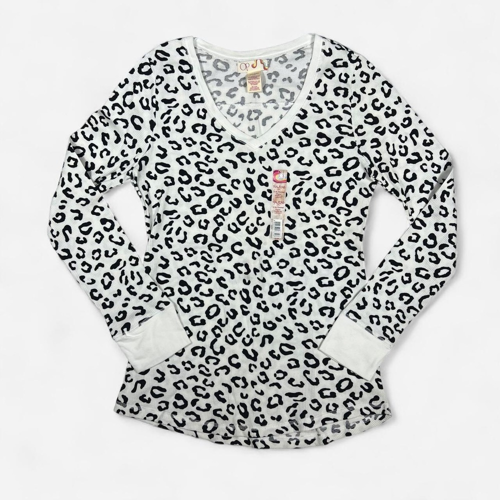 OP Leopard Print Waffle Knit Henley Thermal Black White NWT Y2K